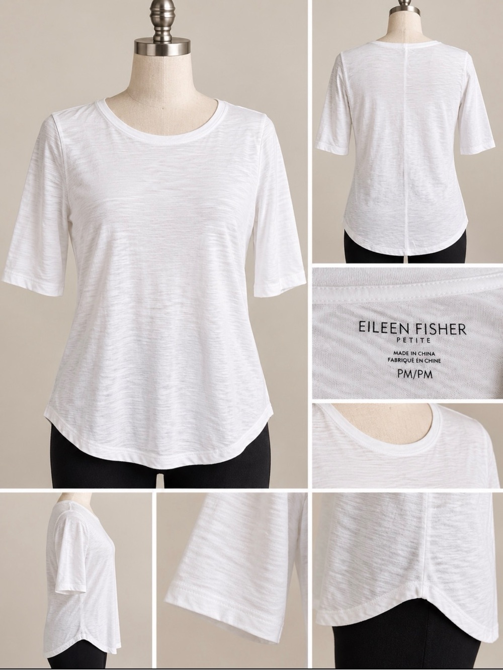 EILEEN FISHER White Slub-Knit Short Sleeve Crewneck Top